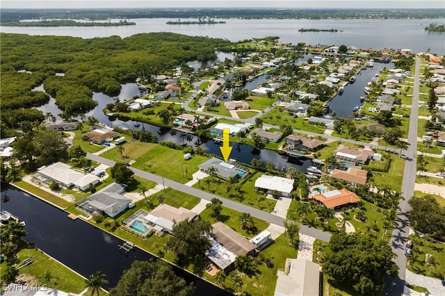 drone / aerial view featuring a water view