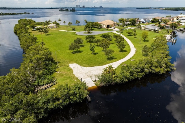 drone / aerial view featuring a water view