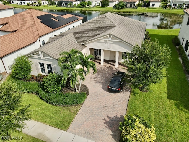 aerial view featuring a water view