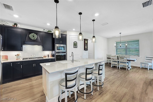 kitchen featuring pendant lighting, an island with sink, stainless steel appliances, and sink