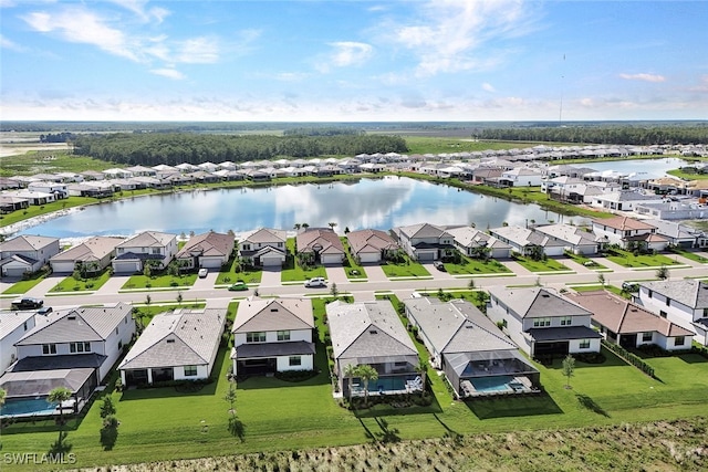 bird's eye view with a water view