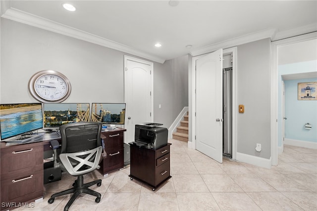 tiled office featuring crown molding