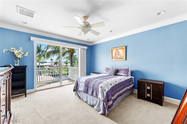 carpeted bedroom featuring ceiling fan, access to outside, and crown molding