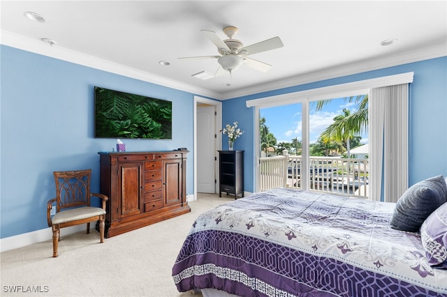 bedroom with ceiling fan, crown molding, light colored carpet, and access to outside