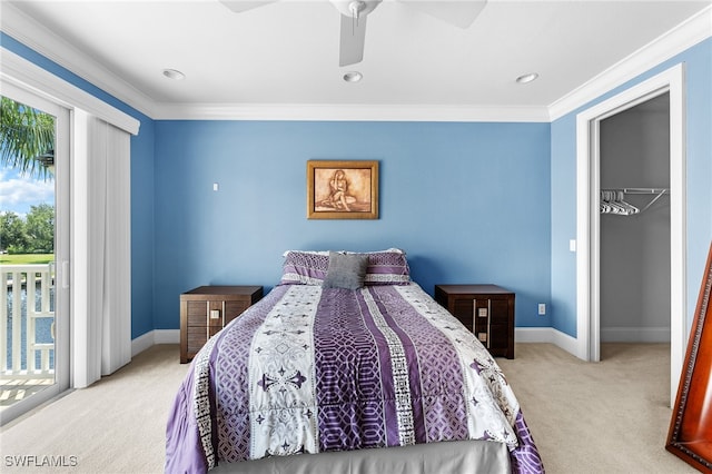 bedroom with ceiling fan, light carpet, ornamental molding, a closet, and access to exterior