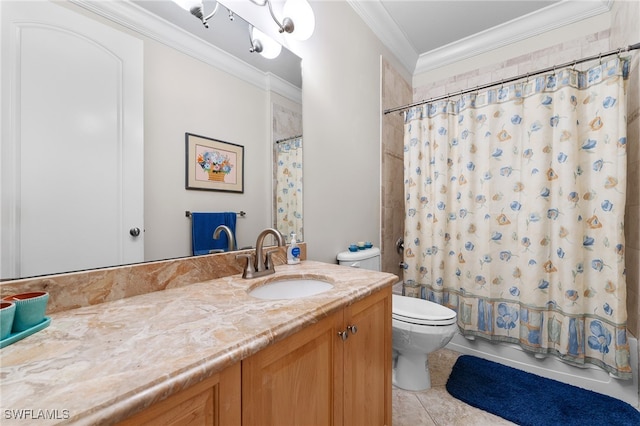 full bathroom featuring toilet, vanity, tile patterned floors, shower / bath combination with curtain, and crown molding