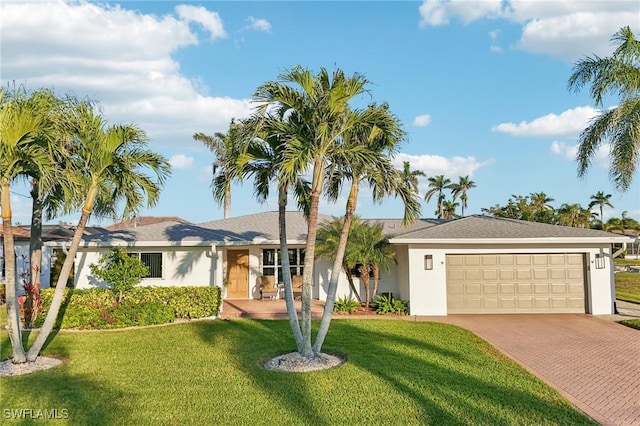 single story home with a garage and a front lawn