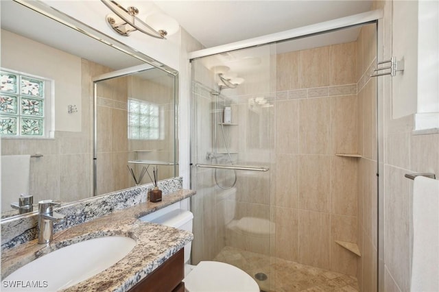 bathroom featuring vanity, a healthy amount of sunlight, toilet, and walk in shower