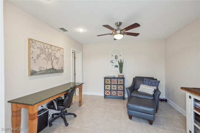 office area featuring light tile patterned floors and ceiling fan