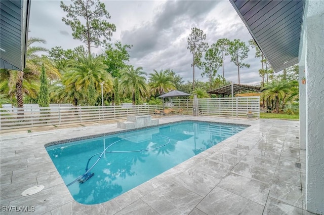 view of swimming pool featuring a patio area, a fenced backyard, and a fenced in pool