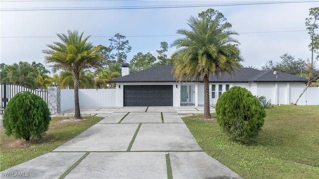 ranch-style house featuring a garage, driveway, fence, and stucco siding