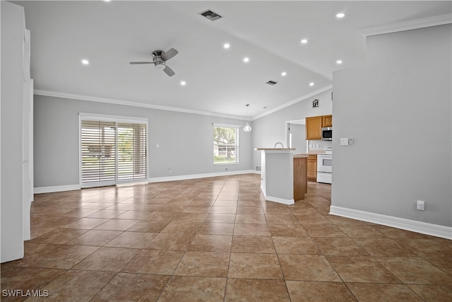 unfurnished living room featuring ceiling fan, lofted ceiling, ornamental molding, and tile patterned floors