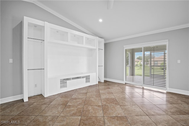 unfurnished living room with tile patterned floors, vaulted ceiling, and crown molding