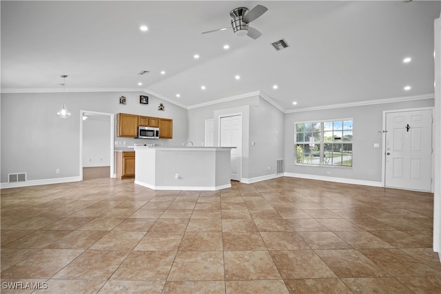 unfurnished living room with ceiling fan, lofted ceiling, ornamental molding, and light tile patterned floors