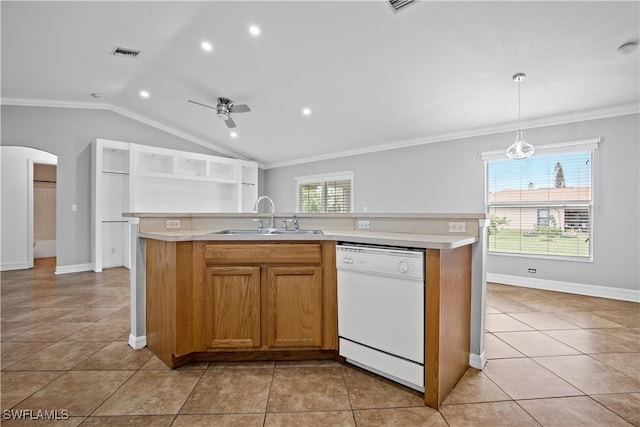 kitchen with ceiling fan, white dishwasher, light tile patterned floors, sink, and a center island with sink