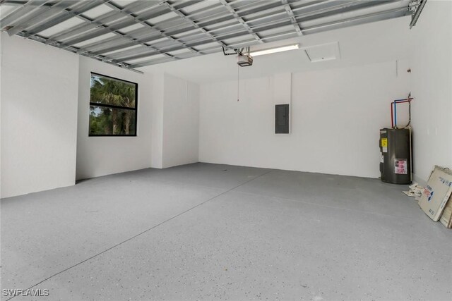 garage with a garage door opener, water heater, and electric panel