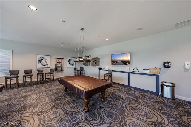 rec room with pool table and dark colored carpet