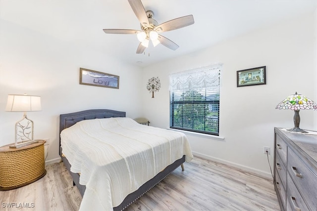 bedroom featuring ceiling fan and light hardwood / wood-style flooring