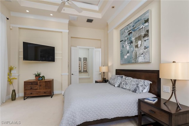 carpeted bedroom featuring baseboards, visible vents, crown molding, and recessed lighting