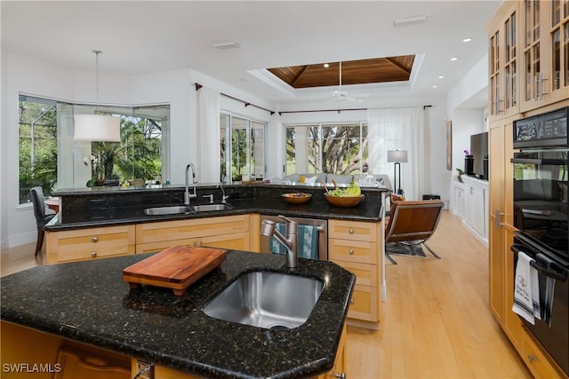 kitchen with a sink, dark stone counters, a tray ceiling, an island with sink, and pendant lighting