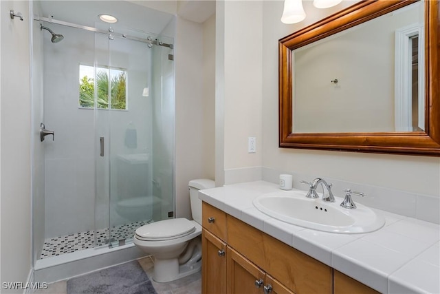 full bathroom featuring vanity, a shower stall, and toilet