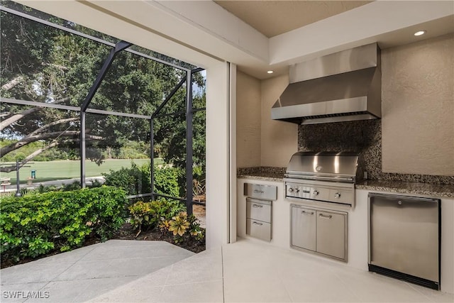 view of patio with glass enclosure, a grill, and area for grilling