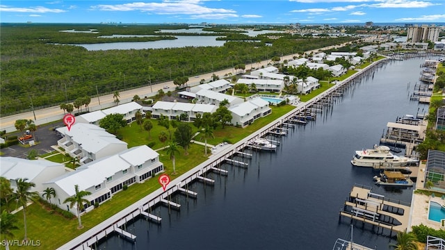 bird's eye view with a water view