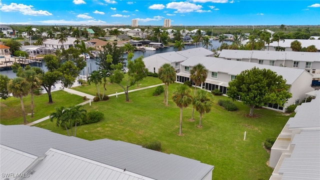 bird's eye view with a water view