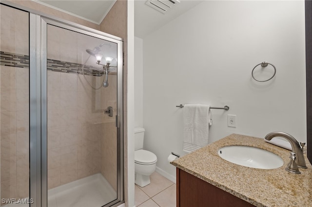 bathroom with tile patterned flooring, toilet, an enclosed shower, and vanity