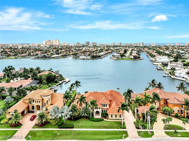 drone / aerial view with a water view