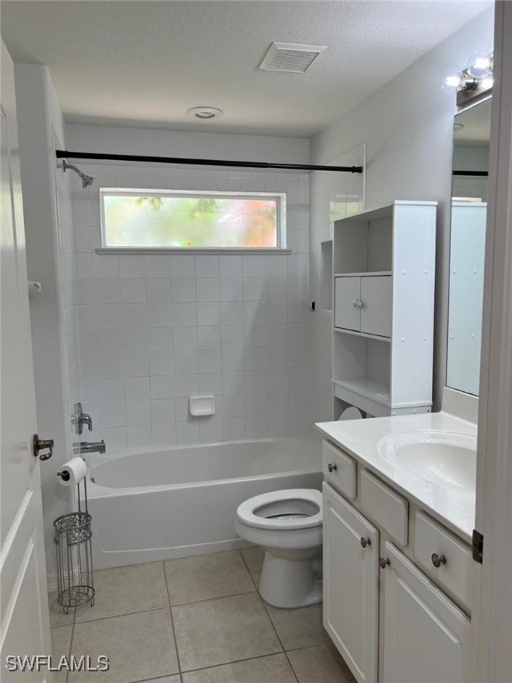 full bathroom featuring tile patterned flooring, vanity, toilet, and tiled shower / bath