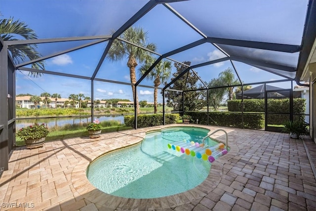 view of pool featuring a lanai, a patio, and a water view