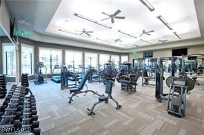 workout area featuring a healthy amount of sunlight, ceiling fan, and carpet flooring