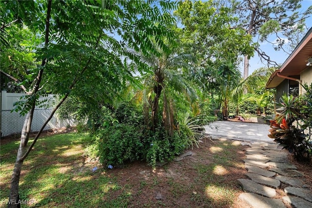 view of yard with fence and a patio