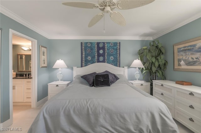 bedroom featuring crown molding, ceiling fan, light carpet, and connected bathroom