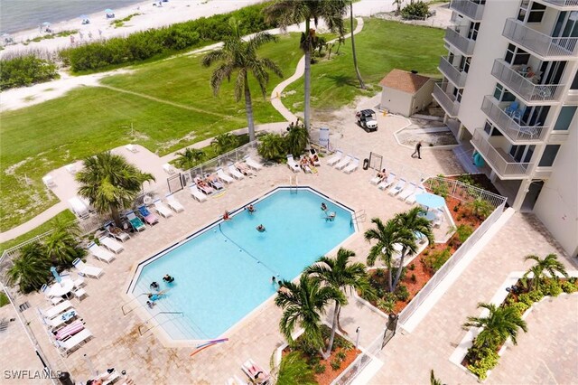 aerial view featuring a water view