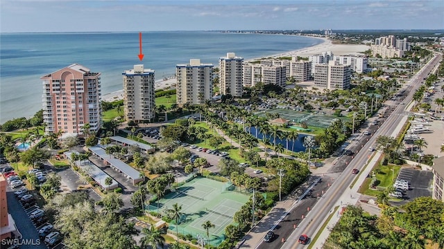 bird's eye view with a water view