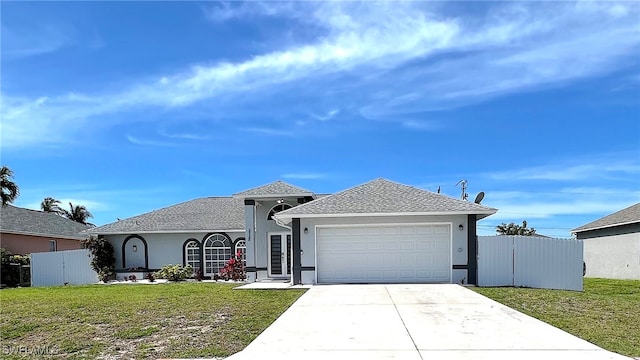 view of front of property featuring a garage and a front lawn