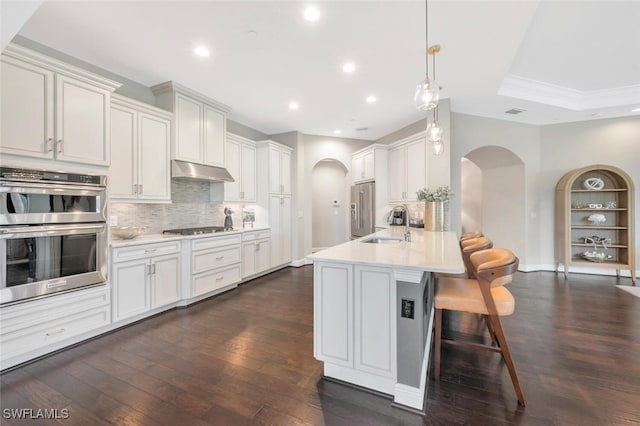 kitchen featuring arched walkways, appliances with stainless steel finishes, light countertops, and under cabinet range hood