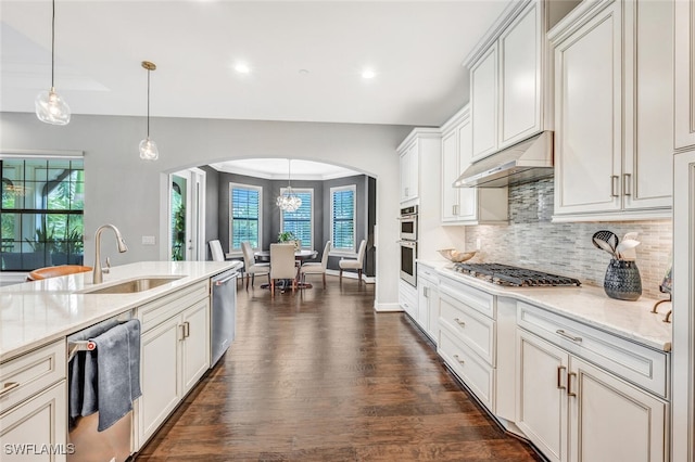 kitchen featuring under cabinet range hood, dark wood-type flooring, stainless steel appliances, arched walkways, and a sink