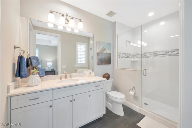 bathroom featuring toilet, ensuite bath, tile patterned floors, vanity, and a shower stall