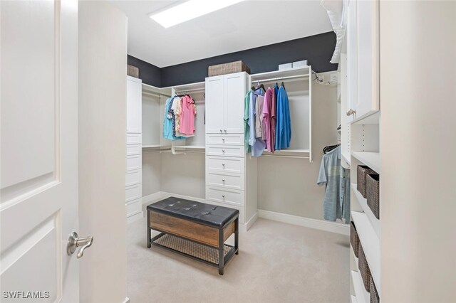 walk in closet with light colored carpet