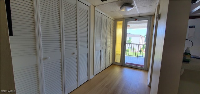 hall with hardwood / wood-style floors and a drop ceiling