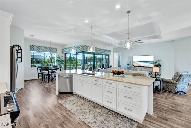 kitchen with light wood finished floors, white cabinetry, stainless steel appliances, and a sink