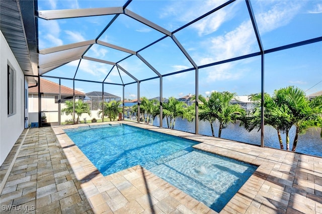 view of pool featuring a fenced in pool, a water view, and a patio