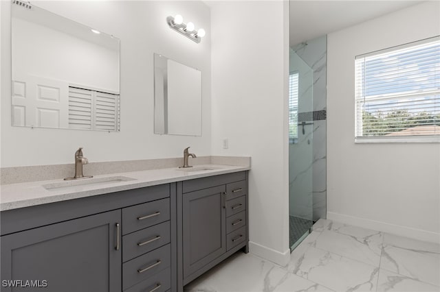 bathroom featuring vanity and a tile shower