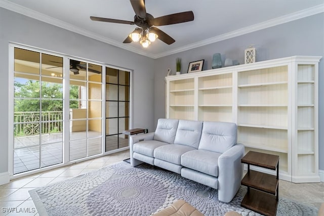 living room with ceiling fan, crown molding, and light tile patterned floors