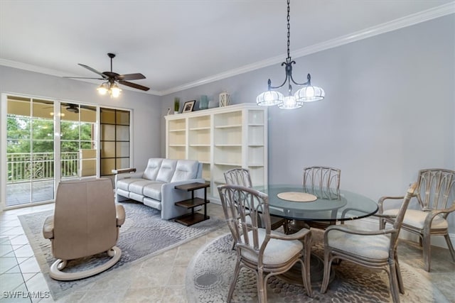 dining space featuring ceiling fan with notable chandelier, crown molding, and light tile patterned flooring