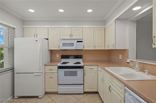 kitchen with light countertops, ornamental molding, light tile patterned flooring, a sink, and white appliances