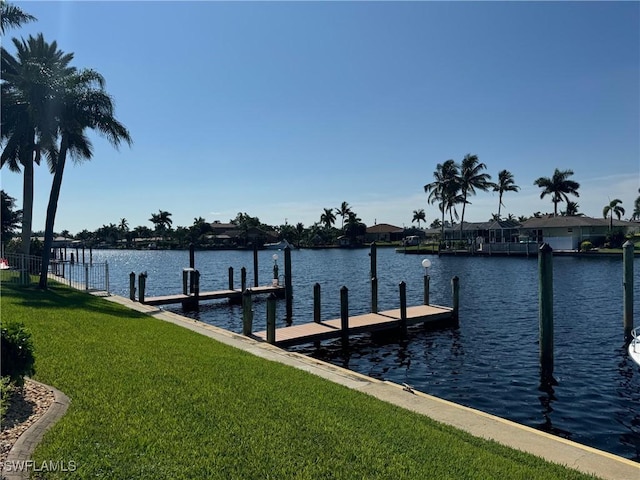 dock area with a water view and a yard